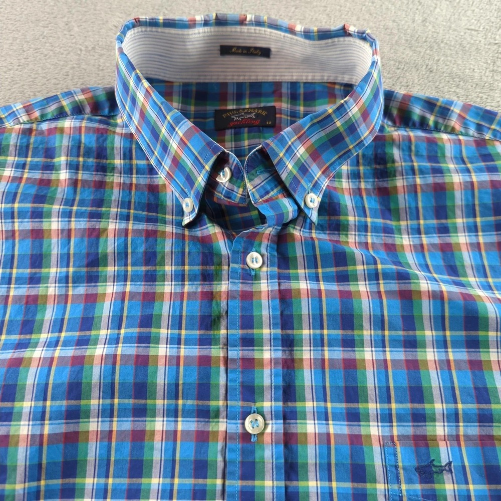 Paul & Shark Button Down Shirt Mens XL Blue Plaid Made In Italy Yachting